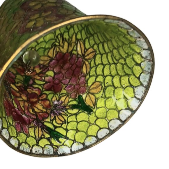 Plique-à-Jour Green Glass Bell Red Flowers Translucent Cloisonne Style - Picture 5 of 11